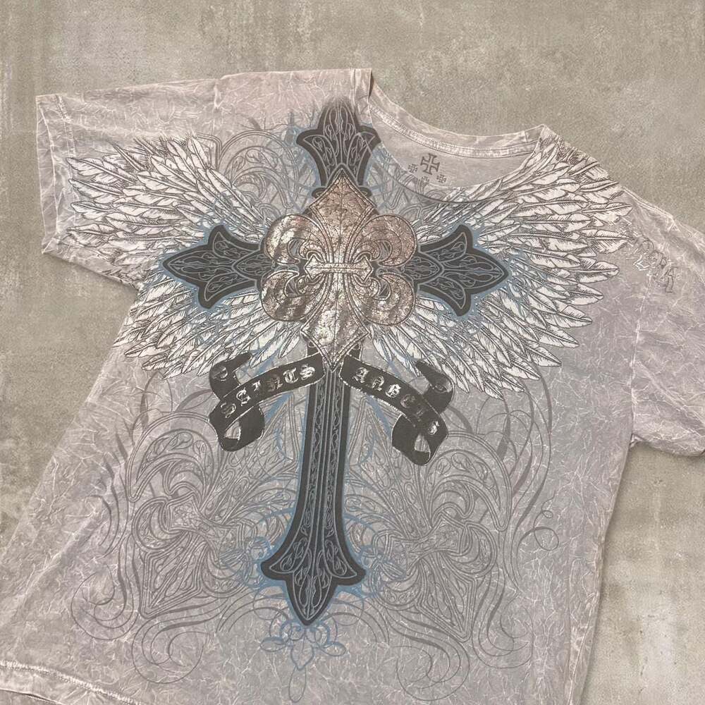 Y2K XAR Unlimited Winged Cross Graphic T-Shirt, Acid Wash Grey, Size XL